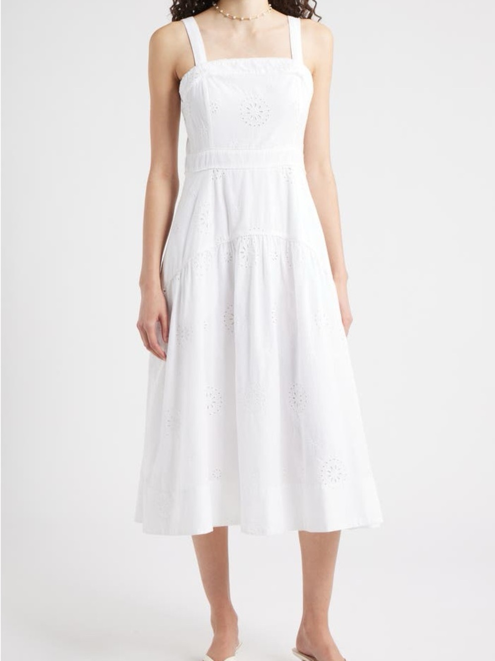 Square-Neck White Eyelet Midi Dress